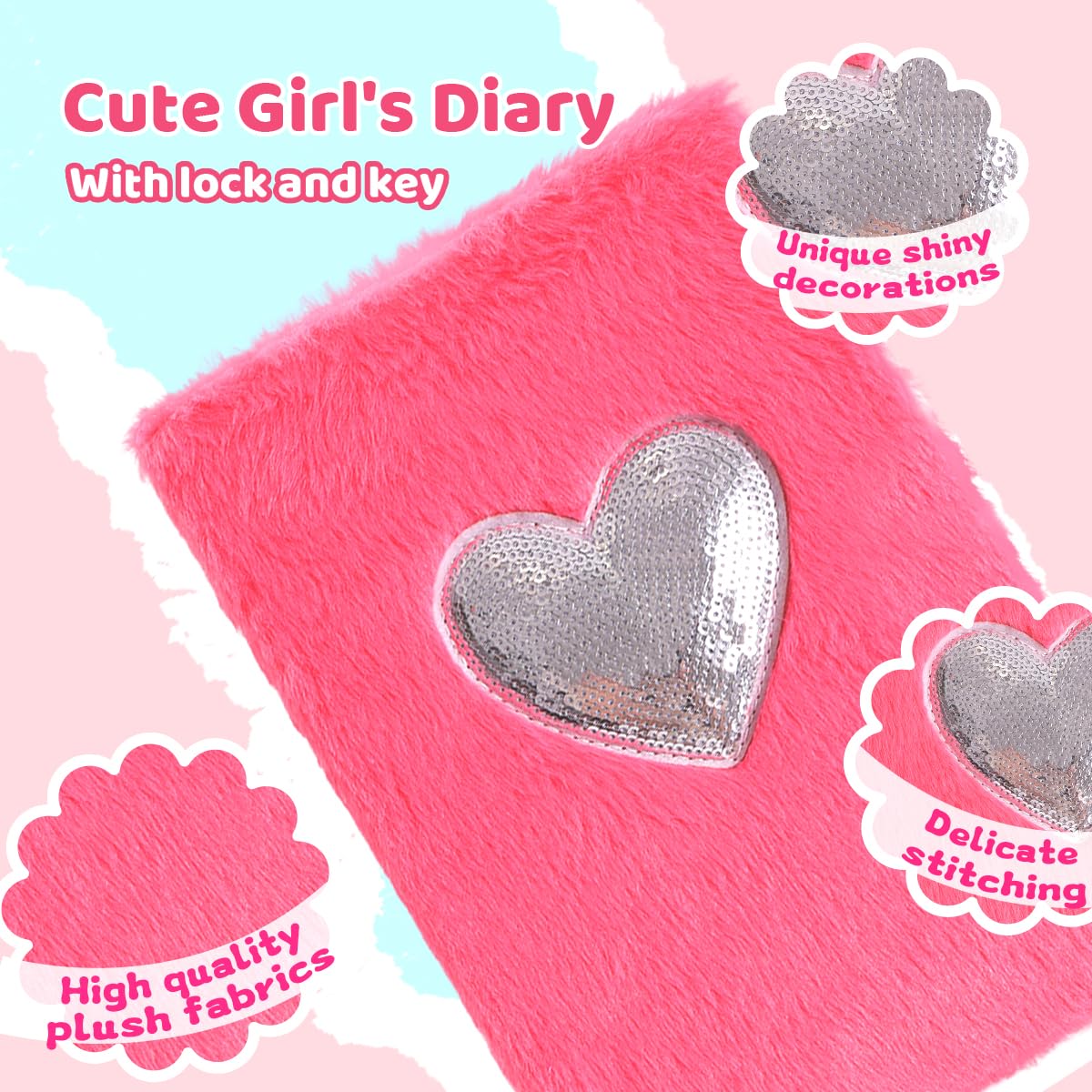 Girls Heart Diary with Lock and Keys - Cute Plush Secret Journal Notebook Gift Ages 6-8