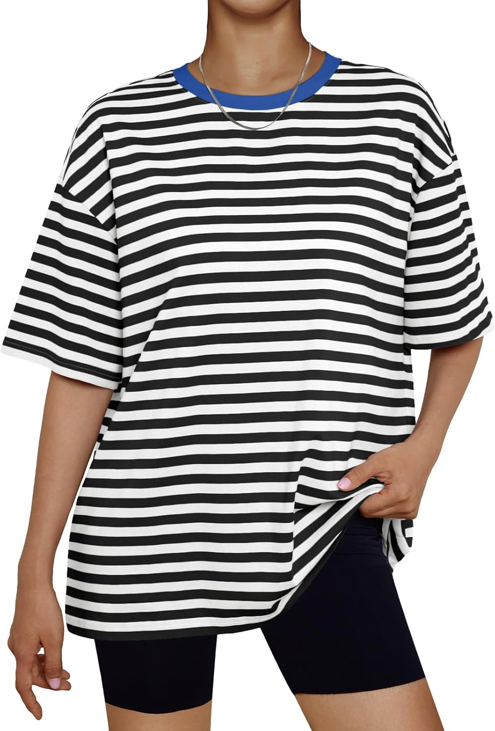 Women's Oversized Summer T-Shirt Short Sleeve Casual Workout Top Seblackwhite