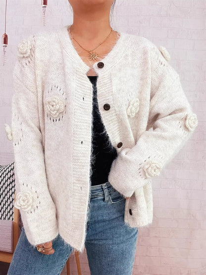Flower Button-Up Cardigan Beige One Size