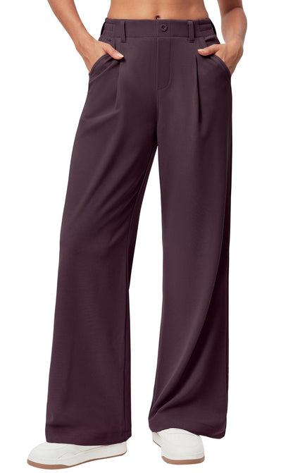 Women's Wide Leg Work Pants - Stretchy Pull-On Business Casual Trousers with Pockets