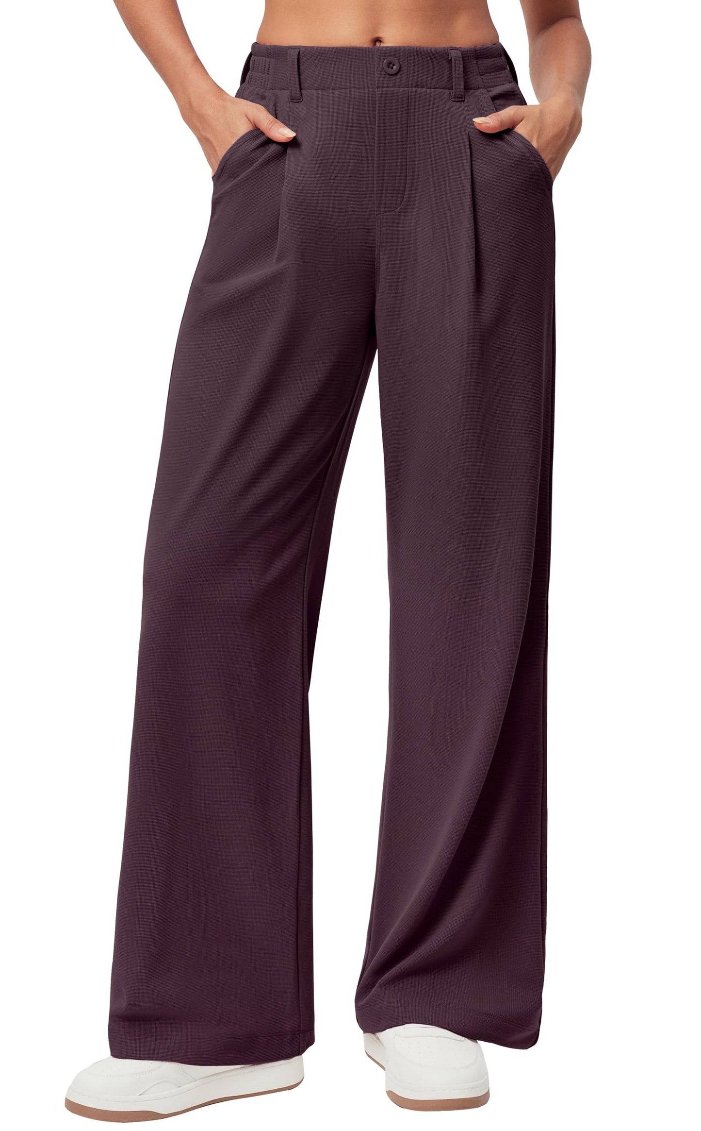 Women's Wide Leg Work Pants - Stretchy Pull-On Business Casual Trousers with Pockets