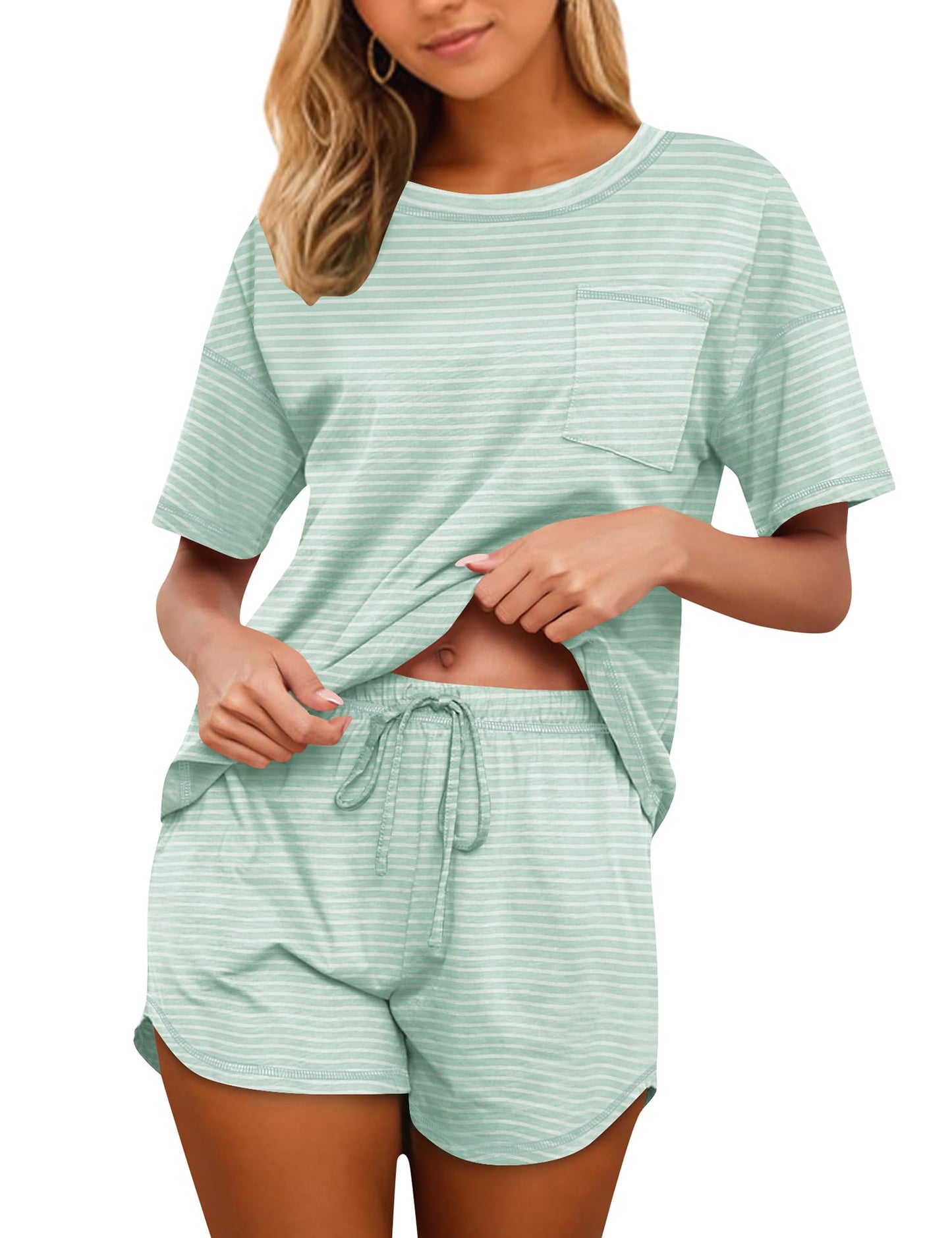 Women's Cotton Pajama Set - Short Sleeve Top and Shorts Sleepwear Lounge Set Striped Light Green