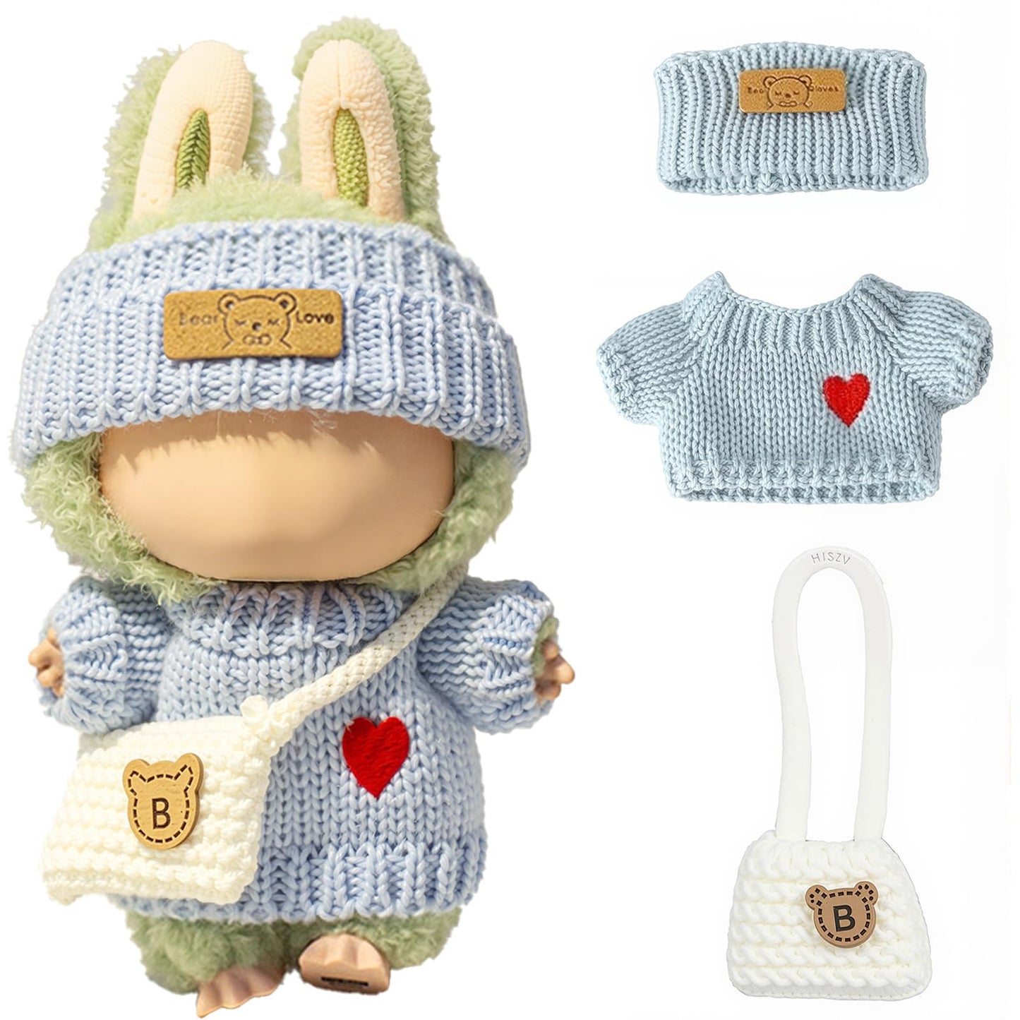 3 Piece Handmade Crochet Outfit for 17cm Dolls - Heart Sweater Hat & Bag Set Heart - Blue