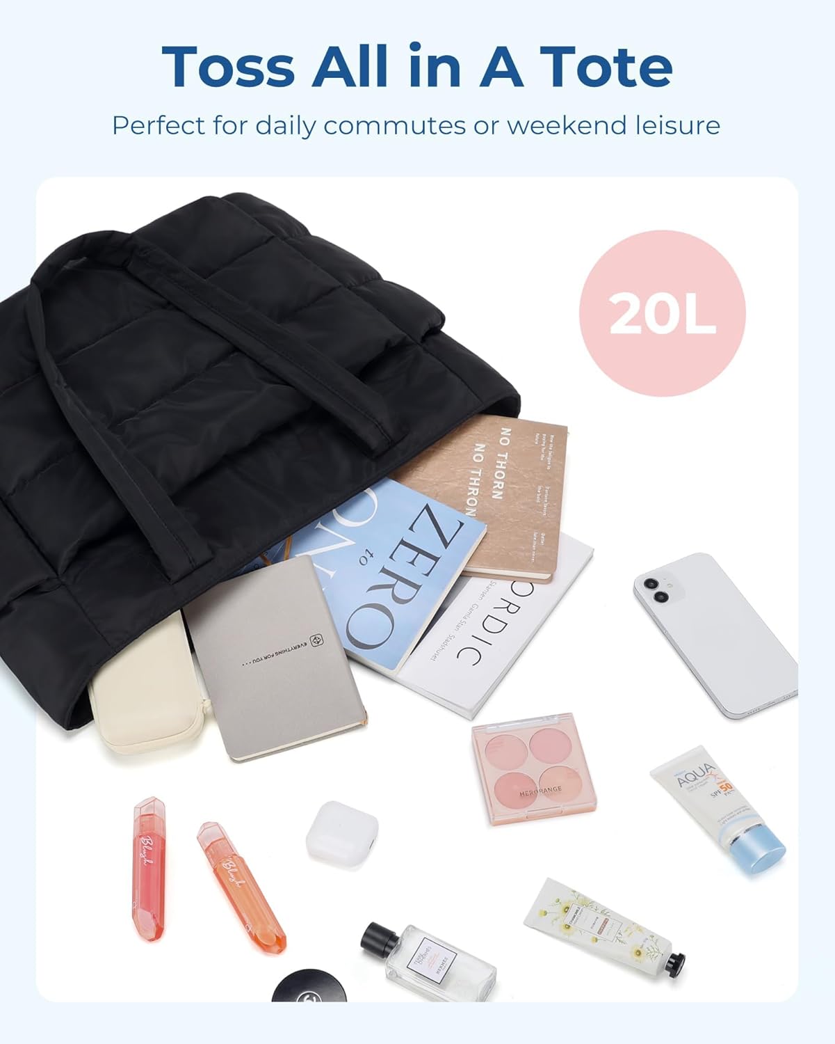 Women's Quilted Tote Bag Lightweight Puffy Shoulder Bag with Compartments