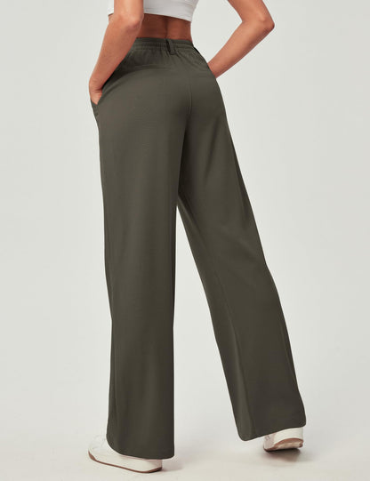 Women's Wide Leg Work Pants - Stretchy Pull-On Business Casual Trousers with Pockets