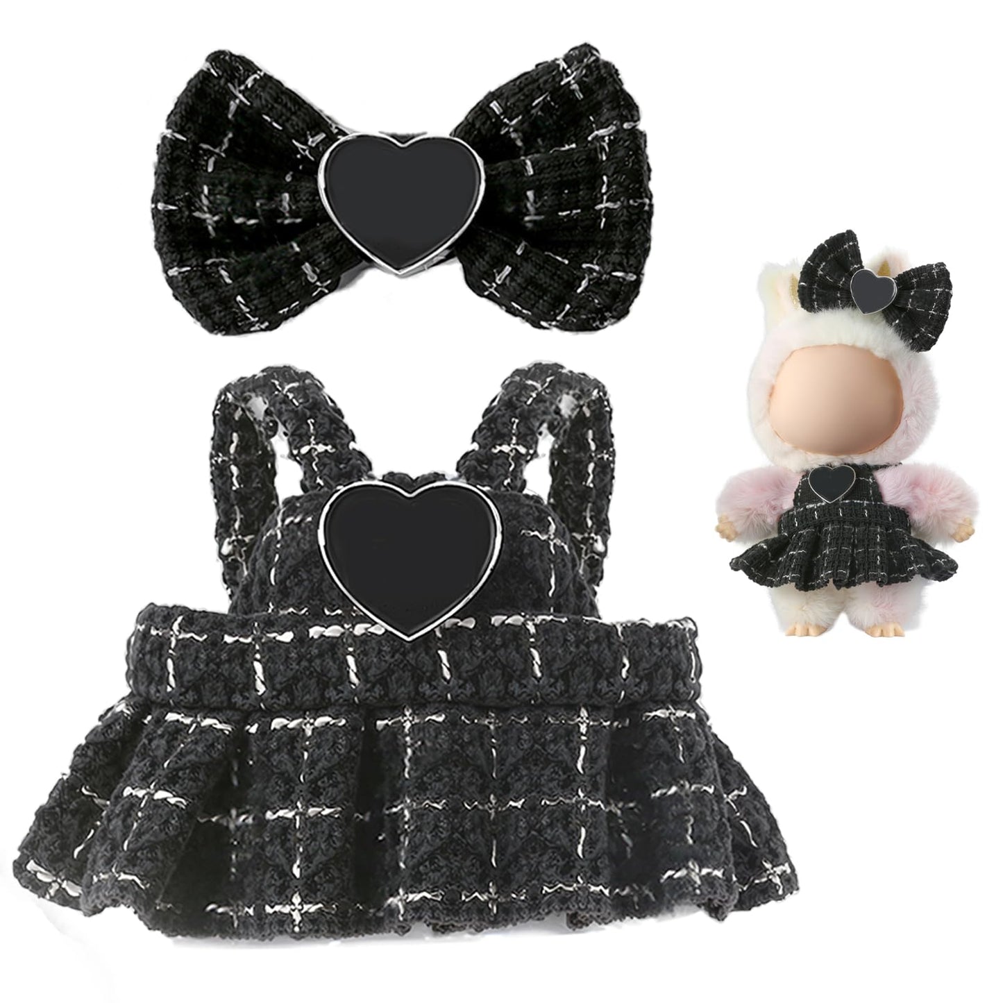 3 Piece Handmade Crochet Outfit for 17cm Dolls - Heart Sweater Hat & Bag Set Luxury Chic - Black