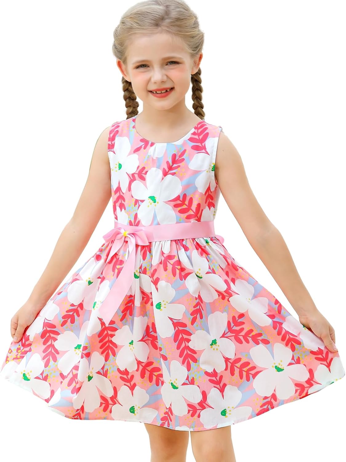 Girls Floral Cotton Dress - Sleeveless Summer Dress with Zipper Closure