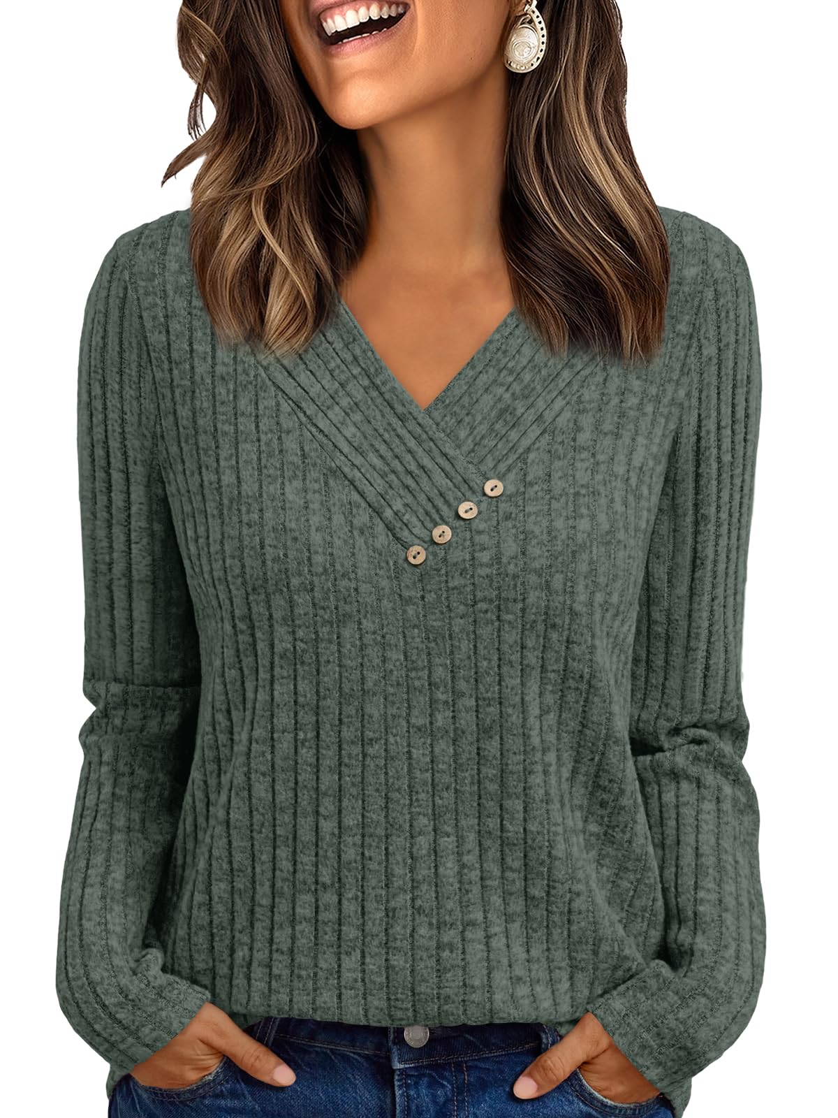 Women's Long Sleeve V Neck Tunic Tops - Dressy Casual Work Blouse Sweater