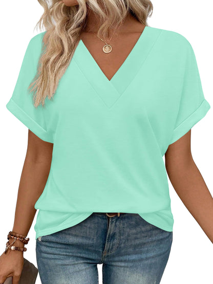 Womens Summer Tops V Neck Short Sleeve Shirts Casual Dolman Sleeve Fashion Blouse Green