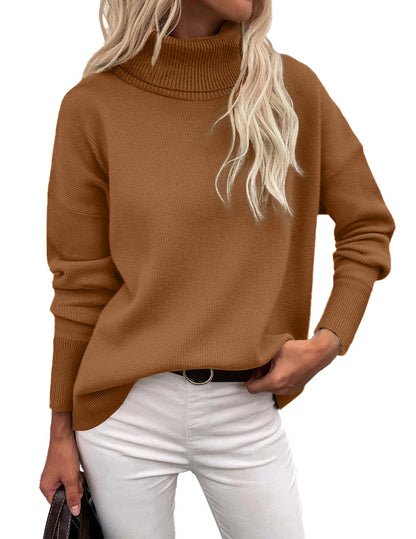 Orange Turtleneck Sweater - Turtleneck Sweater for Women - Chunky Knit Pullover with High Low Hem Brown