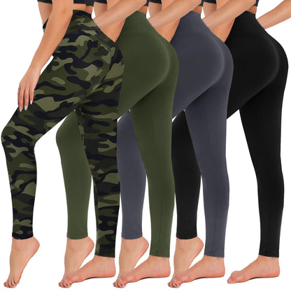 4 Pack High Waisted Leggings for Women - Tummy Control Yoga Pants Workout Set Small-Medium 4 Packs, Black Dark Grey Army Green Camo