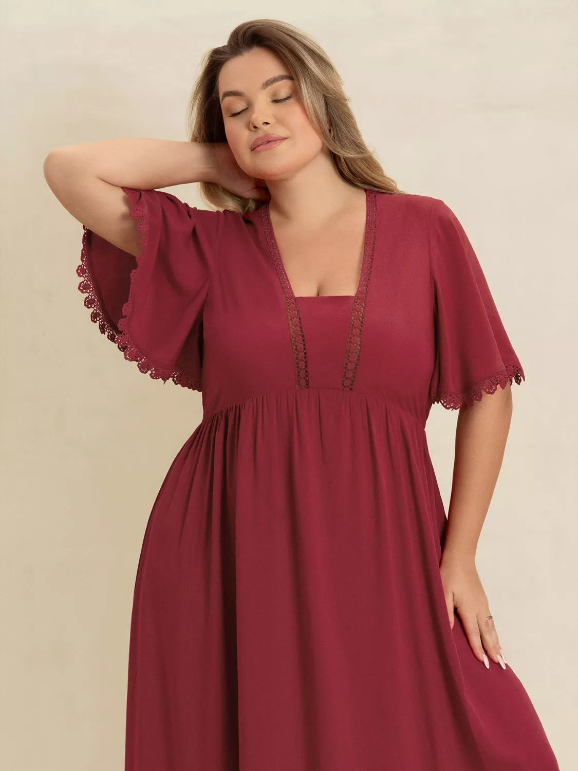 Plus Size Lace Detail Flutter Sleeve Maxi Dress