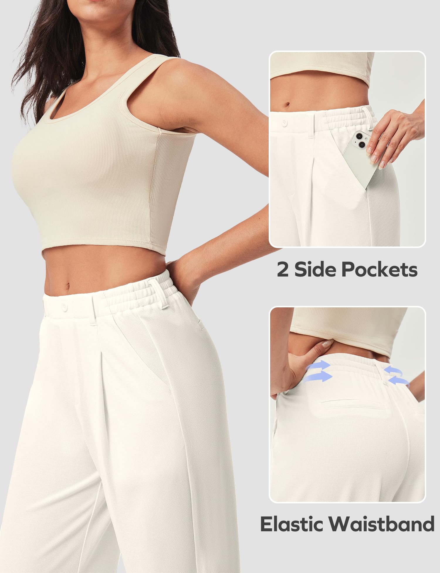 Women's Wide Leg Work Pants - Stretchy Pull-On Business Casual Trousers with Pockets