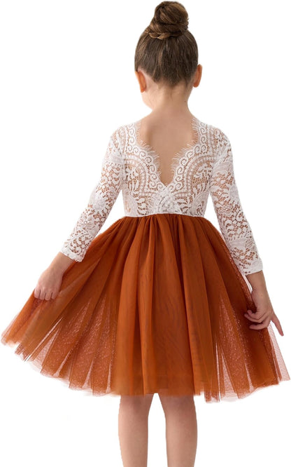 Girls Tulle Flower Girl Dress - Lace Back A-Line Party Dress Burnt Orange Sleeve Short
