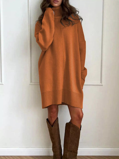 Solid Color Turtleneck Drop Shoulder Loose Sweater Dress Caramel