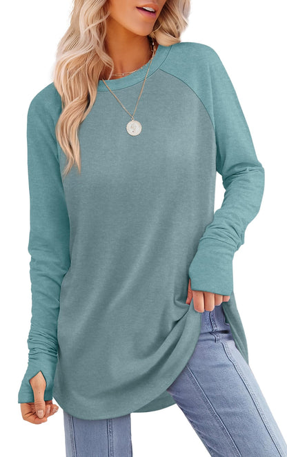 Tunic Top with Thumb Holes for Women - Long Sleeve Shirt with Curved Hem