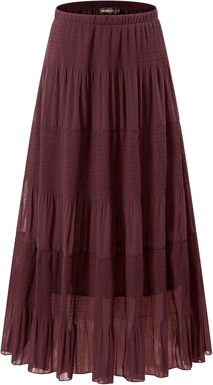 Chiffon Maxi Skirt for Women - High Waist Pleated A-Line Flared Long Skirt
