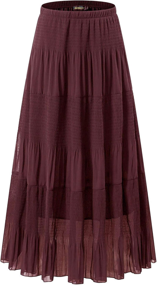 Chiffon Maxi Skirt for Women - High Waist Pleated A-Line Flared Long Skirt