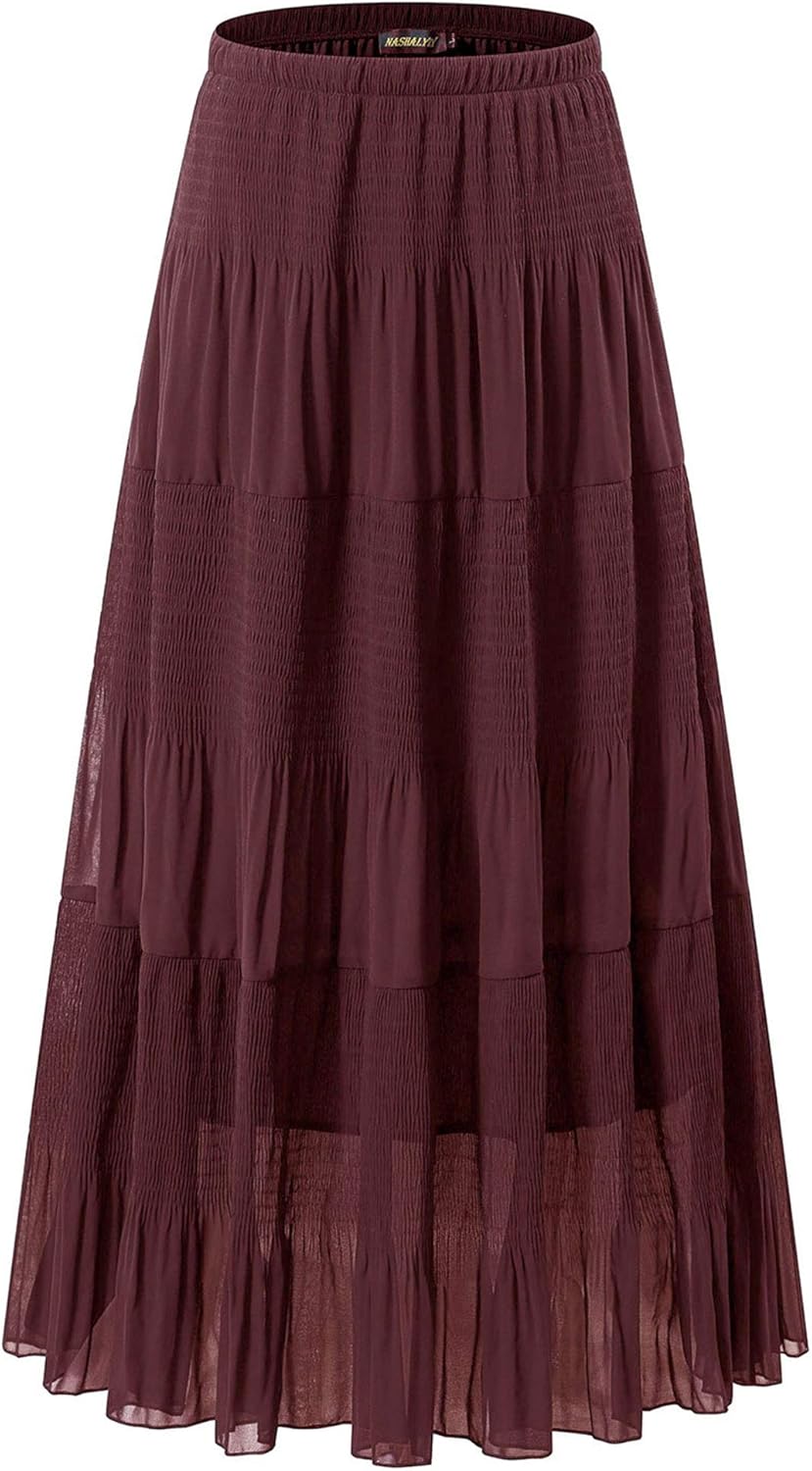 Chiffon Maxi Skirt for Women - High Waist Pleated A-Line Flared Long Skirt Wine
