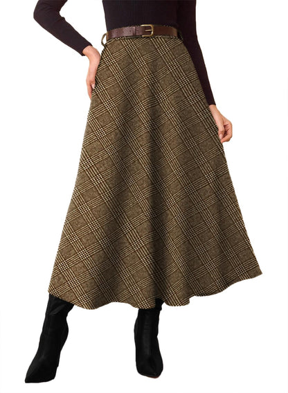 Women's Plaid Skirts - High Waist A-Line Midi Tartan Skirt with Pockets