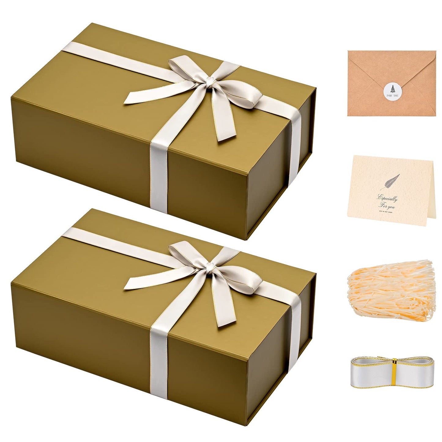 Gift Boxes with Lids 2 Pack - Magnetic Closure with Ribbon, Card, Filler & Sticker 1 Count (Pack of 2) Cyan Gold