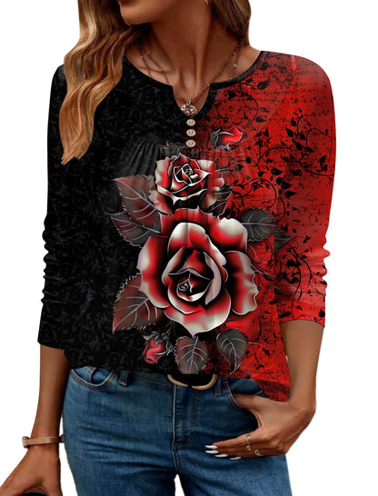 Women Long Sleeve V Neck Blouse - Casual Dressy Work Tunic Top with Pleated Detail 2025 Red Flower