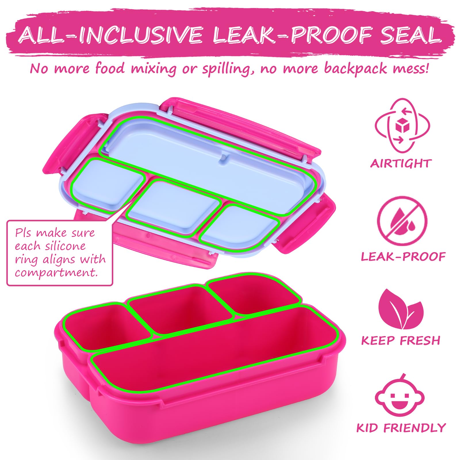 Bento Lunch Box for Kids - 4 Compartment Leak-Proof School Lunch Container with Utensils Purple