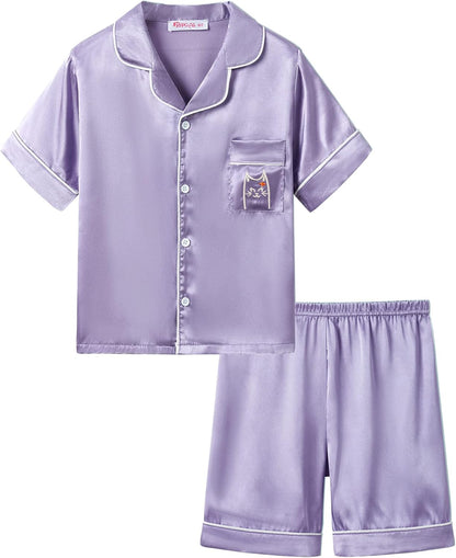 Girls Satin Pajama Set - Silky Button Down PJ with Shorts Size 6-16 Violet