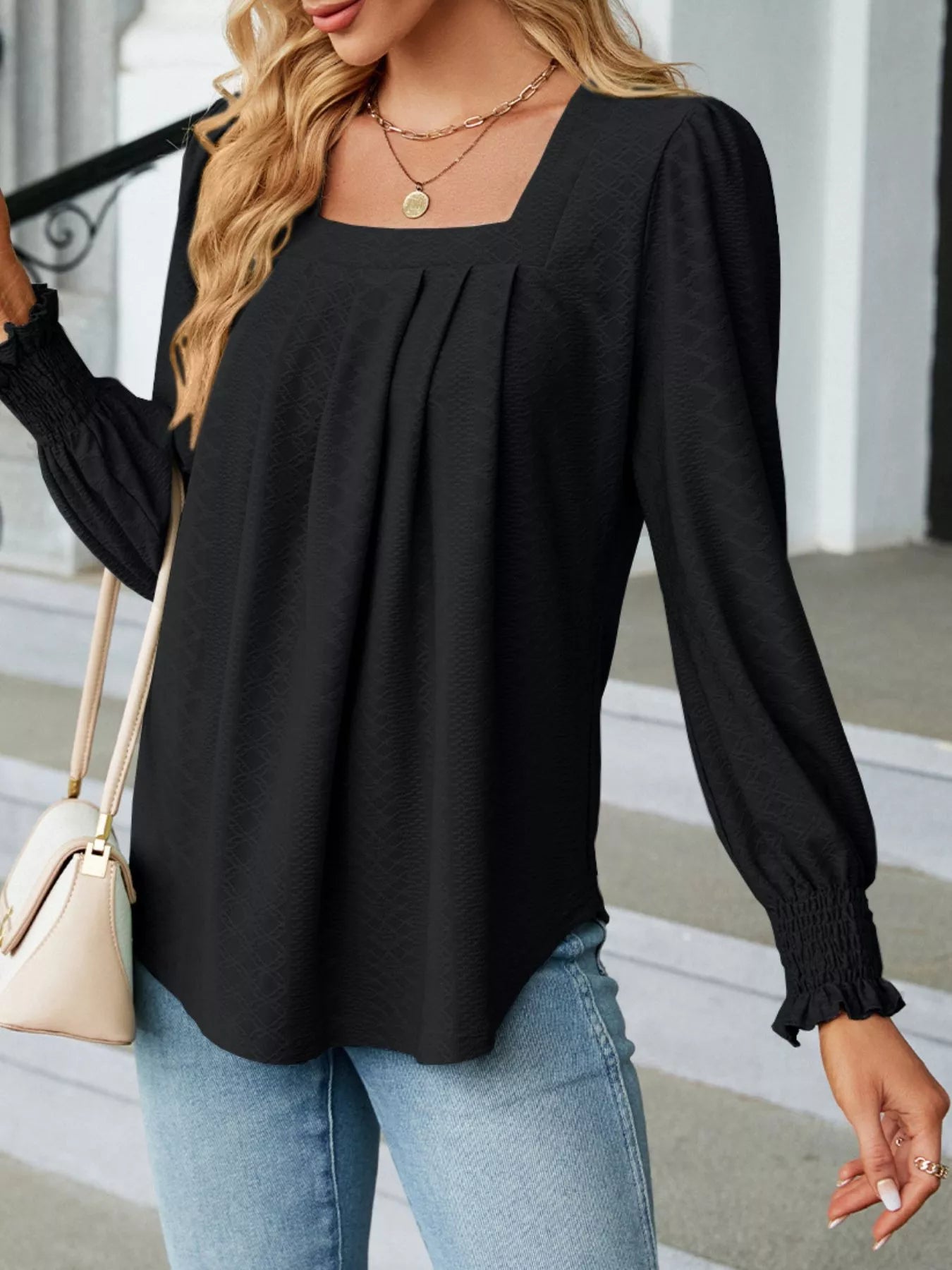 Pleated Square Neck Long Sleeve Top