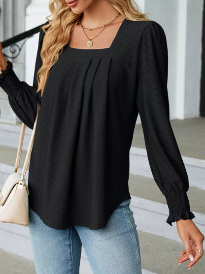 Pleated Square Neck Long Sleeve Top