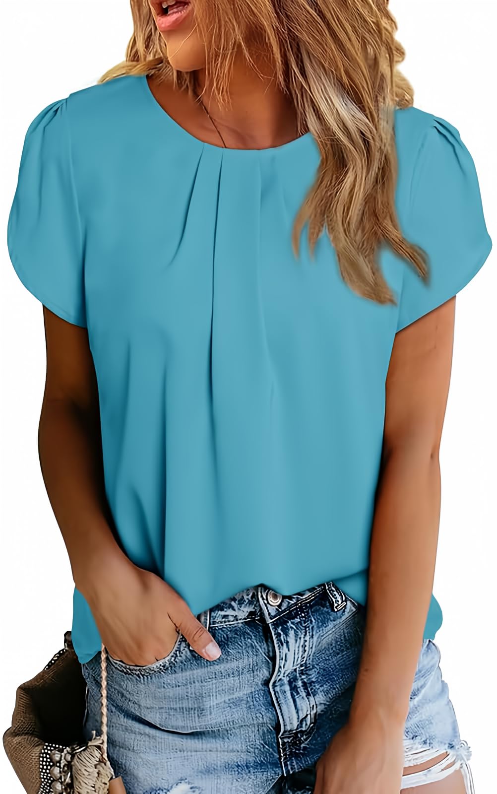 Polyester Blouses - Women's Chiffon Blouse Short Sleeve Pleated Top with Keyhole Back Detail Light Blue