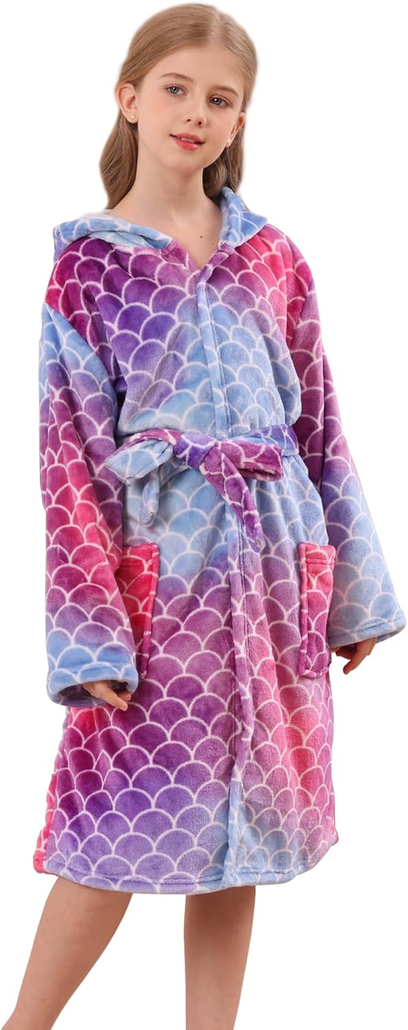 Girls Hooded Fleece Bathrobe - Soft Plush Warm Robe for Kids 3-14 Years Mermaid Blue