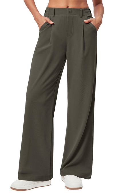 Women's Wide Leg Work Pants - Stretchy Pull-On Business Casual Trousers with Pockets