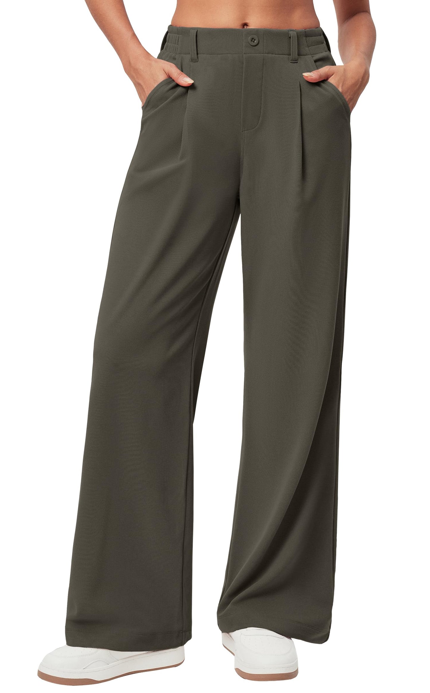 Women's Wide Leg Work Pants - Stretchy Pull-On Business Casual Trousers with Pockets Olive Green- 28'' Regular