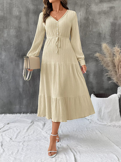 Tiered V-Neck Long Sleeve Dress Apricot