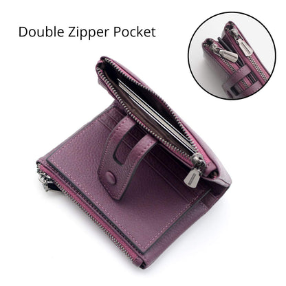 Women Leather Wallet - Small RFID Blocking Card Holder with Double Zipper
