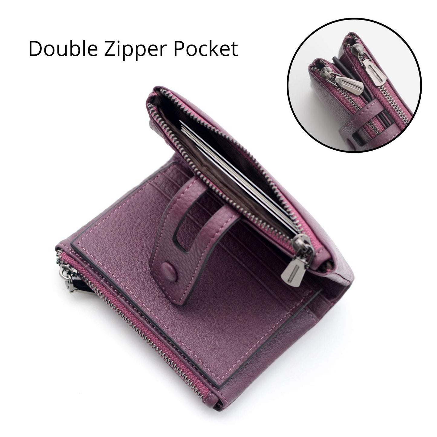 Women Leather Wallet - Small RFID Blocking Card Holder with Double Zipper