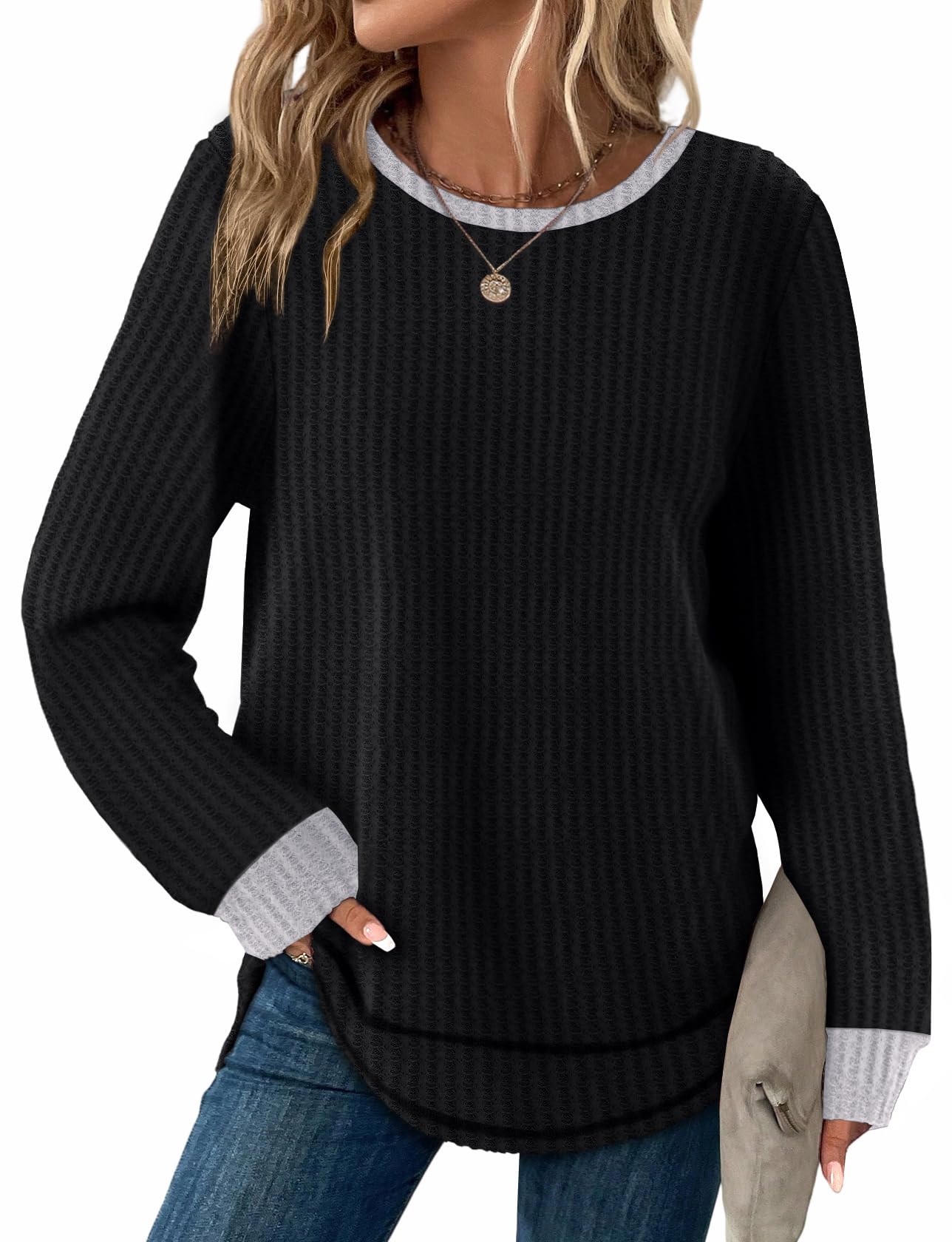 Women's Tunic Tops - Loose Fit Waffle Knit Long Sleeve Crewneck Sweaters Z-a-black-grey