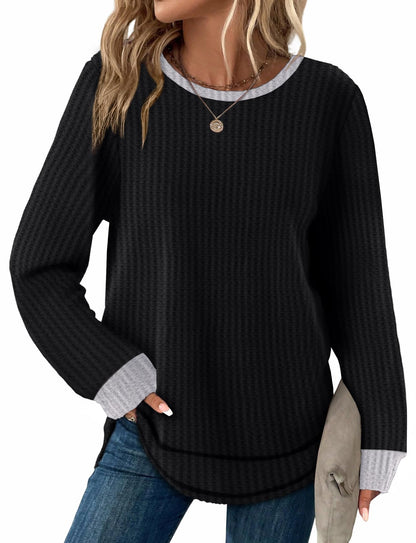 Women's Tunic Tops - Loose Fit Waffle Knit Long Sleeve Crewneck Sweaters