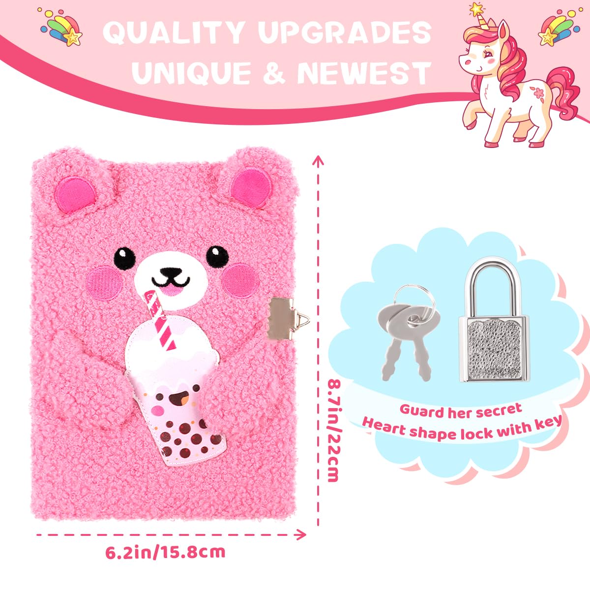 Girls Heart Diary with Lock and Keys - Cute Plush Secret Journal Notebook Gift Ages 6-8