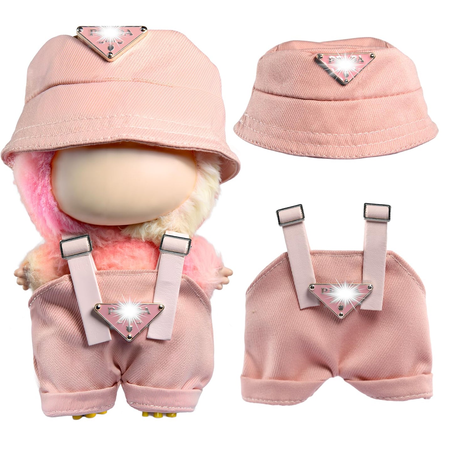 3 Piece Handmade Crochet Outfit for 17cm Dolls - Heart Sweater Hat & Bag Set Overalls Set - Pink