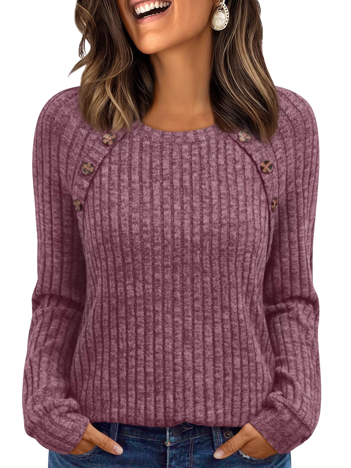 Women's Long Sleeve Tops - Fall Lightweight Sweaters with Shoulder Buttons Winered