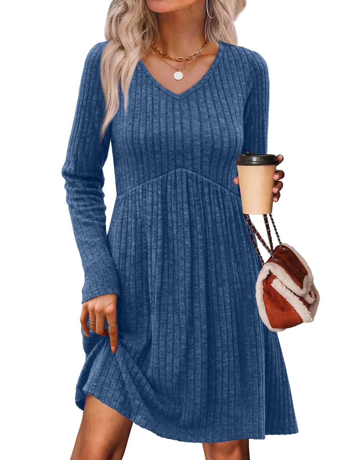 Women's Long Sleeve Sweater Dress - V Neck Empire Waist Babydoll Dress with Pockets Blue