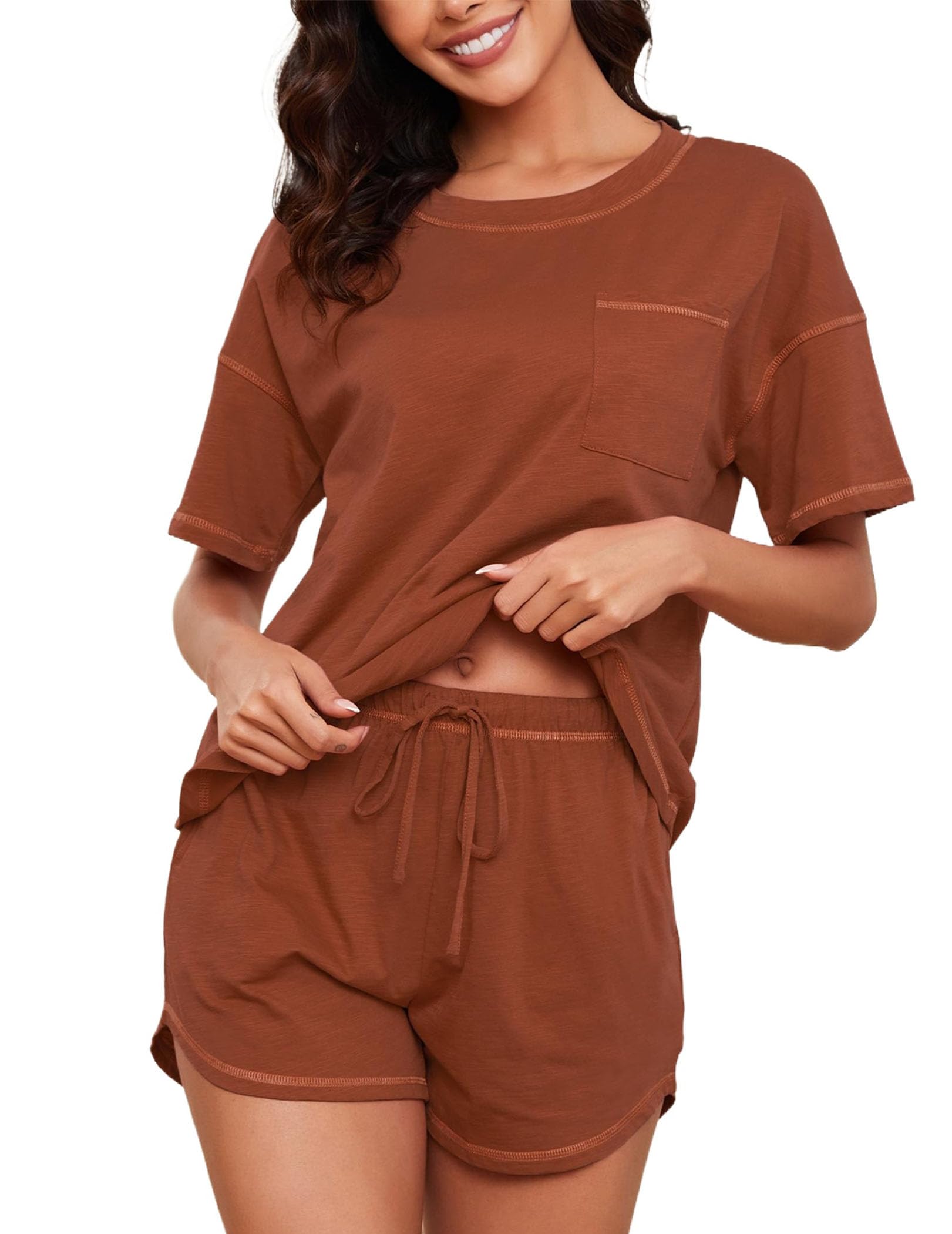 Women's Cotton Pajama Set - Short Sleeve Top and Shorts Sleepwear Lounge Set