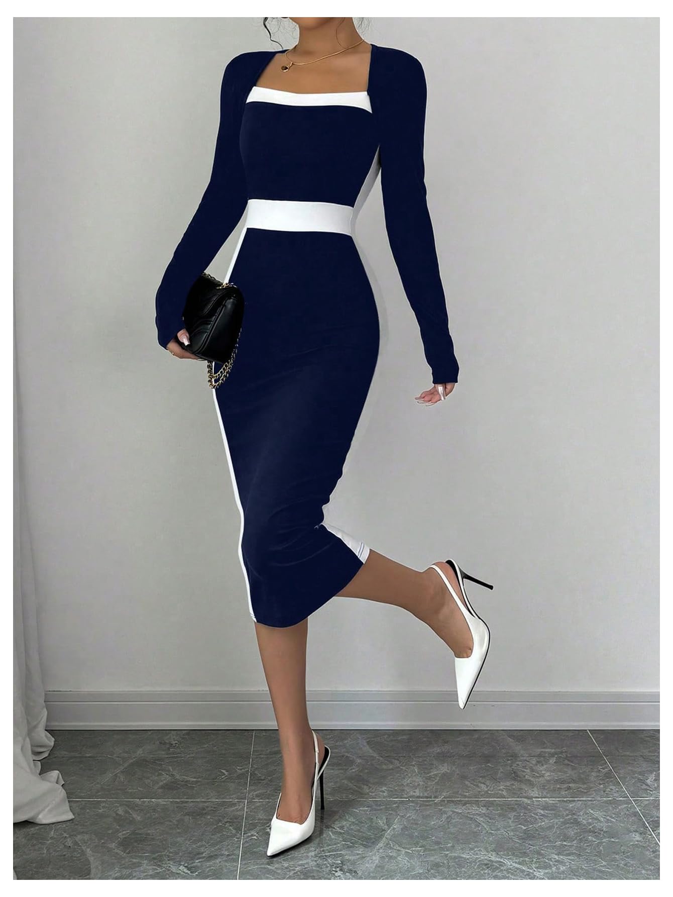 Women Midi Dress - Color Block Square Neck Long Sleeve Bodycon Dress