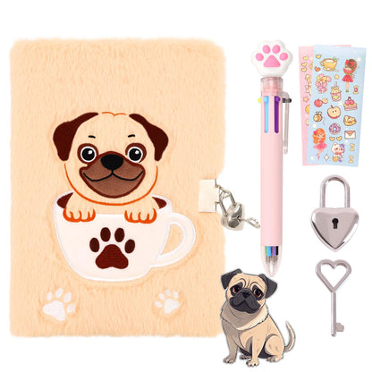 Girls Heart Diary with Lock and Keys - Cute Plush Secret Journal Notebook Gift Ages 6-8 French bulldog