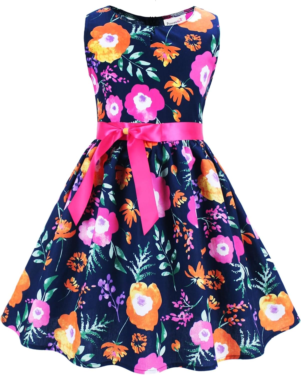Girls Floral Cotton Dress - Sleeveless Summer Dress with Zipper Closure 7-8 Years E80