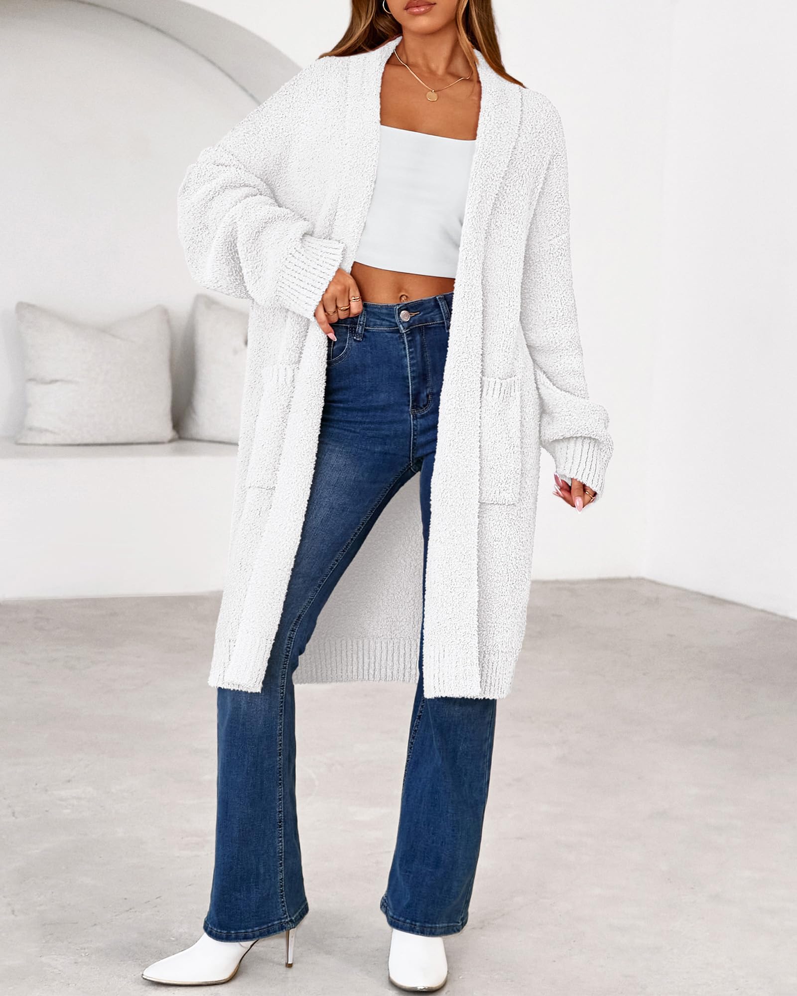 Women's Long Cardigan Sweater - Open Front Oversized Knit Coat with Pockets