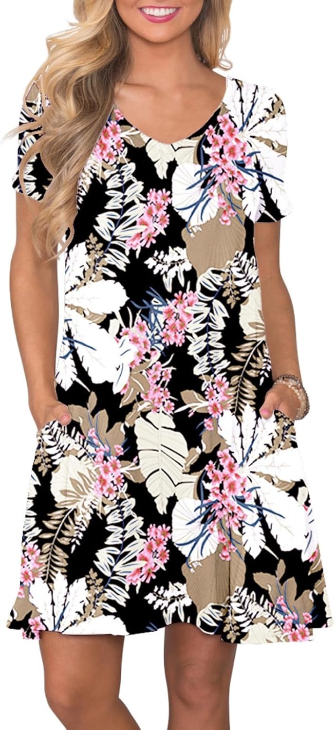 Women's Casual T-Shirt Dress Short Sleeve Summer Swing Dress with Pockets 3X-Large Big-leaf Pink Flower