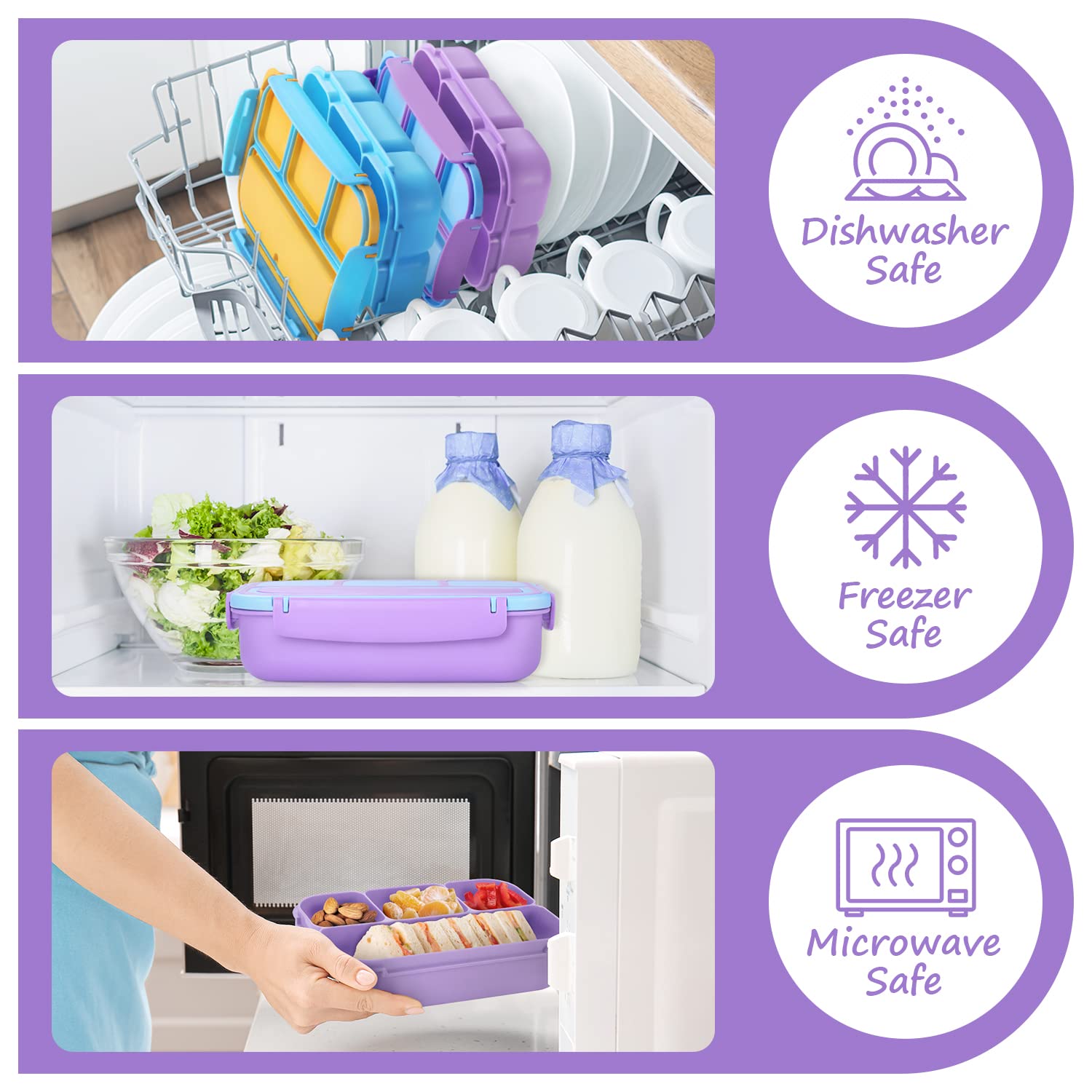 Bento Lunch Box for Kids - 4 Compartment Leak-Proof School Lunch Container with Utensils Purple